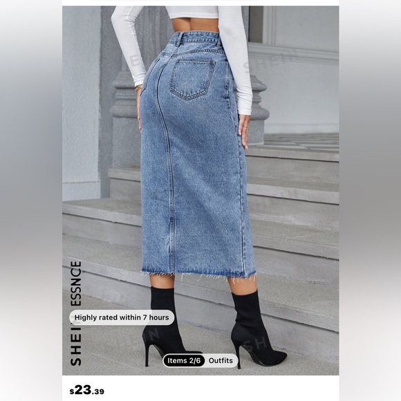 SHEIN Essnce Overlap Waist Split Thigh Denim Skirt - Picture 3 of 4